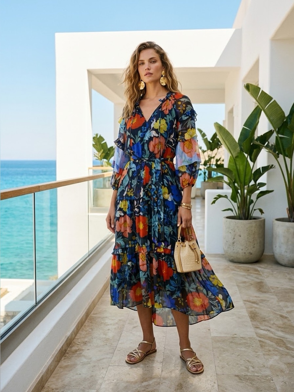 Kobi Halperin floral boho flowy tiered long sleeve midi dress - Small NWOT